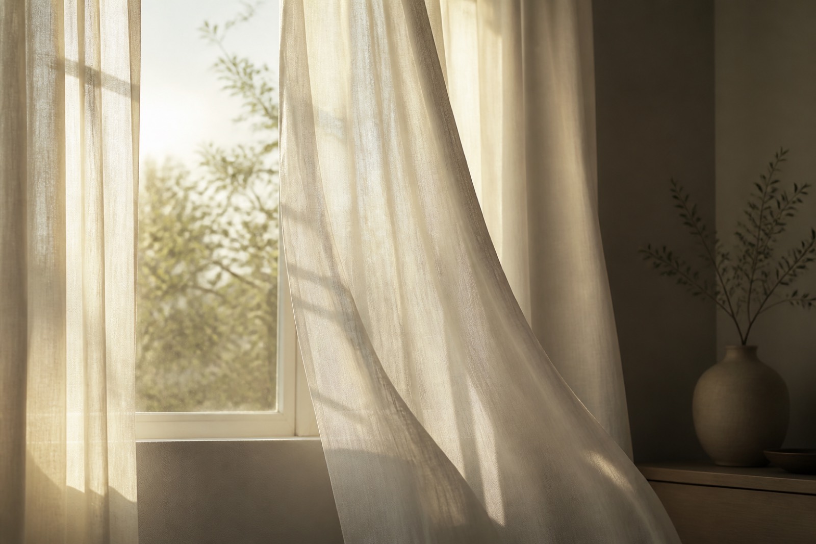 Soft morning light falling across a plain window with sheer curtains moving slightly in a breeze.