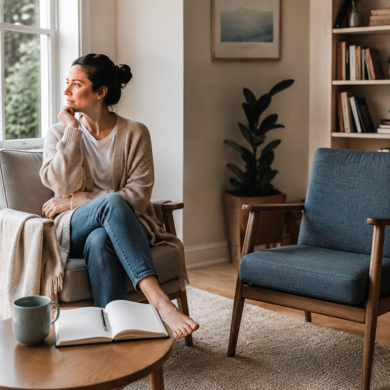 Reflective adult processing an unresolved conversation in a quiet Sarasota home