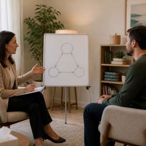 A therapist and an adult client talking in a counseling room, with a simple thoughts, feelings and behaviors triangle sketched on a whiteboard