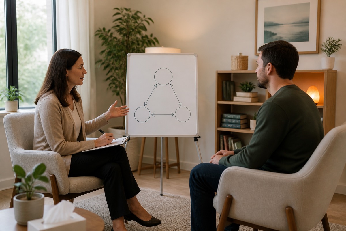 A therapist and an adult client talking in a counseling room, with a simple thoughts, feelings and behaviors triangle sketched on a whiteboard