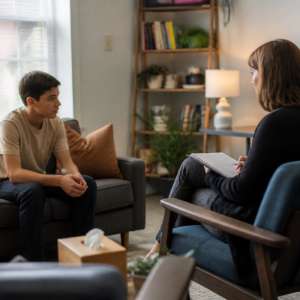 A teenager talking with an adult therapist during a counseling session