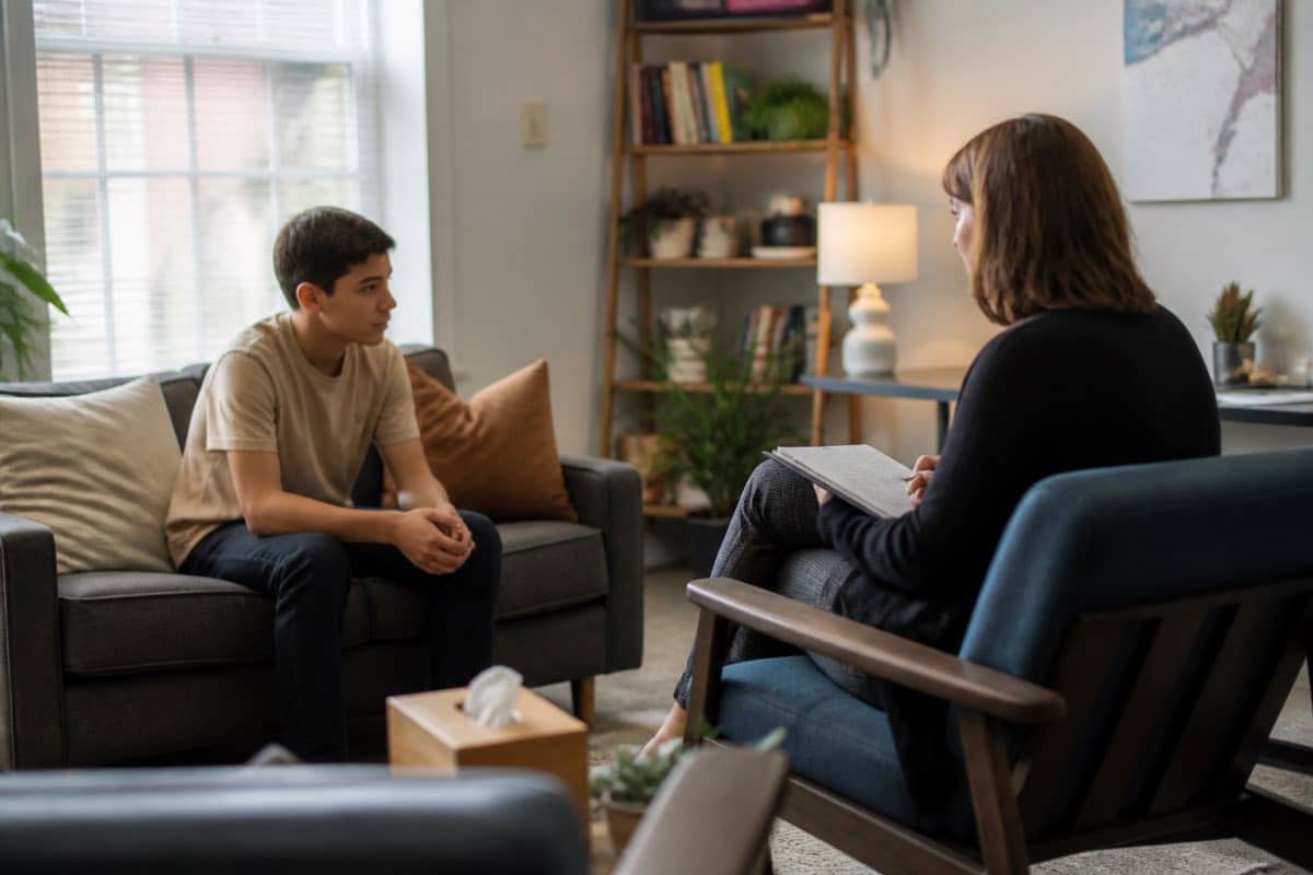 A teenager talking with an adult therapist during a counseling session