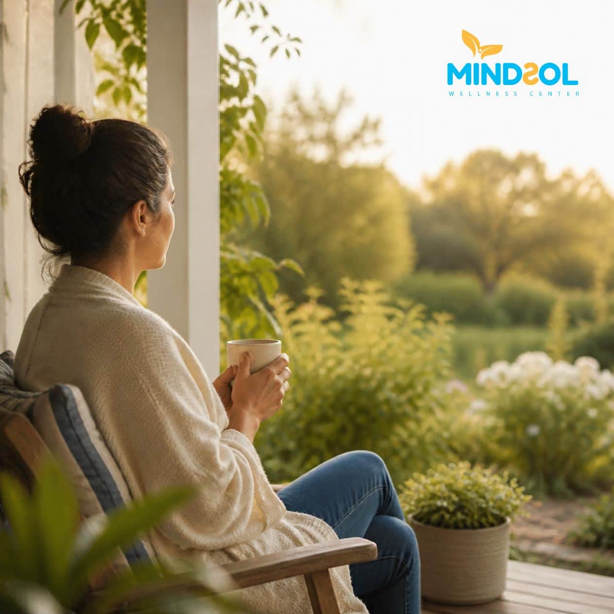Adult seated on a quiet porch holding a mug and looking toward a garden