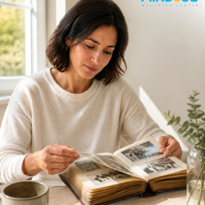 Adult looking through a photo album at a sunlit table.
