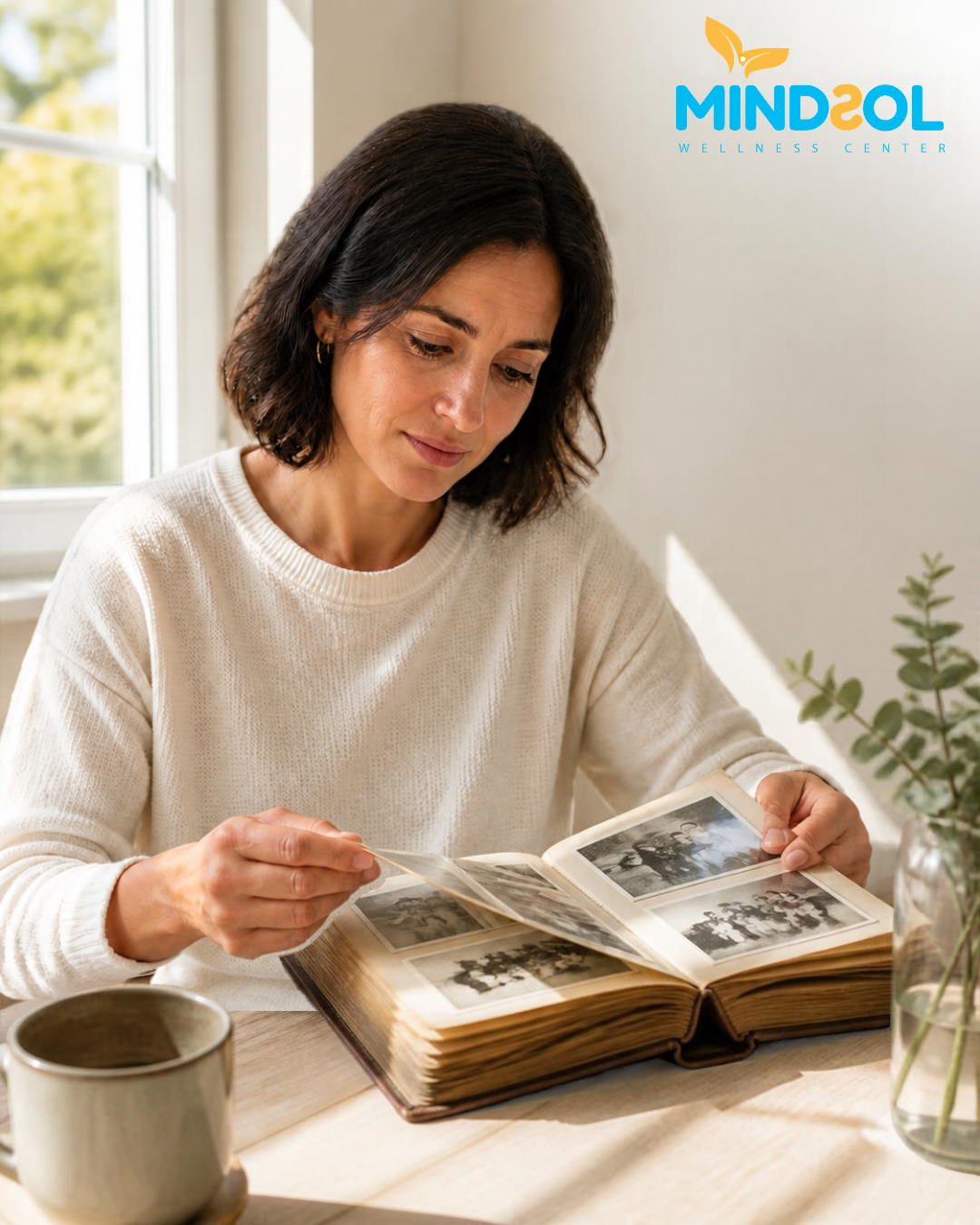 Adult looking through a photo album at a sunlit table.